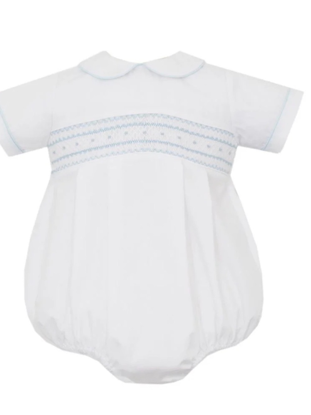 Petit Bebe Classic White Baby One-Piece with Light Blue Smocking